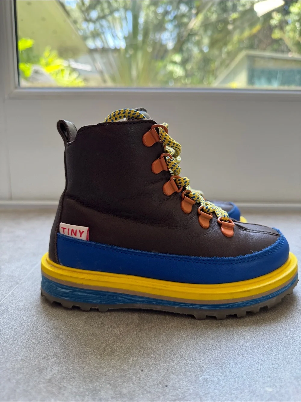Kids Brown Leather Boots with Blue & Yellow Accents